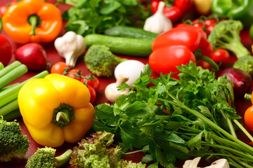 Fresh vegetables, greenery and mushroom on burgundy background