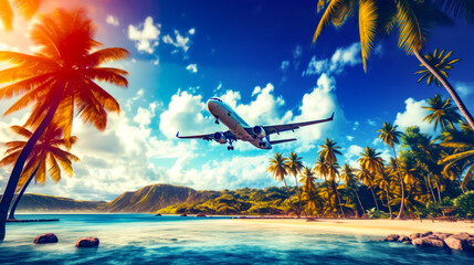 Airplane flying over tropical beach with palm trees and blue sky.