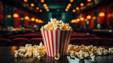 a striped red and white bucket of popcorn stands against the backdrop of a cinema hall, movie, food, day off, snack, fun, entertainment, pack, corn, fast food, film, cafe, lights, treat, bag, party