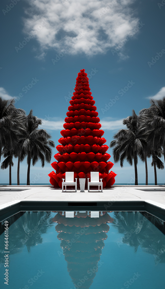 Wall mural Red Christmas tree - swimming pool - Christmas decorations - resort - tropical - getaway - trip - travel - holiday - vacation - escape 