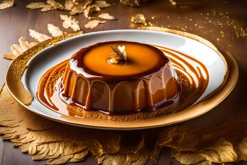 caramel cake on a plate, Cream caramel pudding with caramel sauce in plate