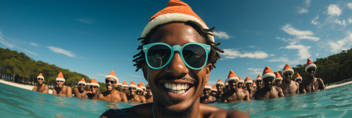 Christmas photo - swimming pool - ocean - Santa hat - Christmas - holiday - festive - getaway - extreme lose-up - worm’s eye view - tropical resort - relax 