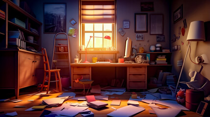 Room filled with lots of papers and desk with lamp on top of it.
