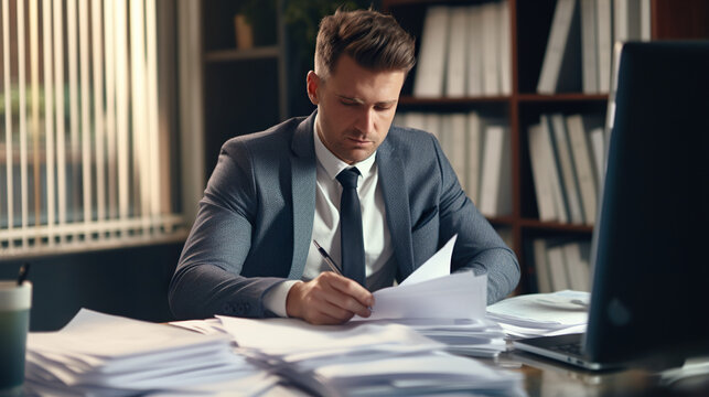 young businessman male working in office with stack of paper documents, paperwork and overwork concept, man at work