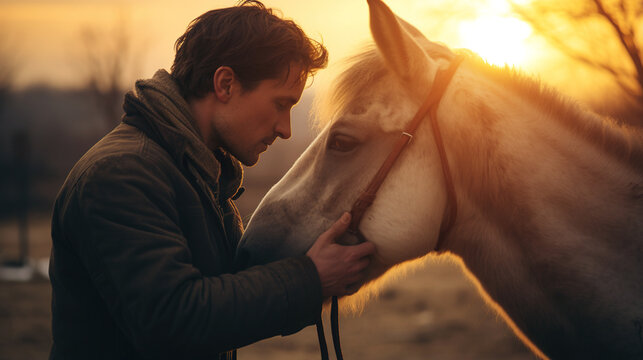 horseman man embrace and kiss horse at sunset, man kissing and hug equine at rancho