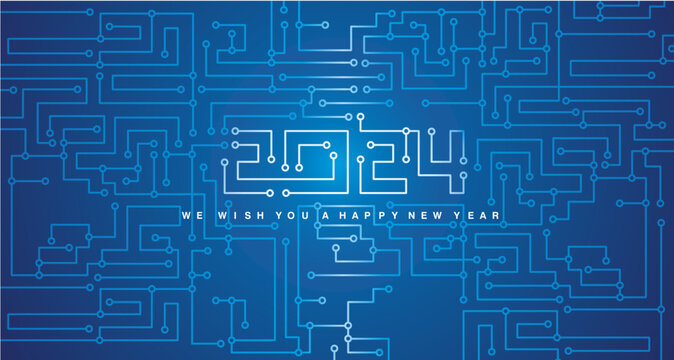 Circuit Board 2024. Happy New Year 2024 eve. Technology CPU, Microprocessor Interface. Futuristic hi-tech Circuit Number Digital Concept. PCB Illustration on blue background