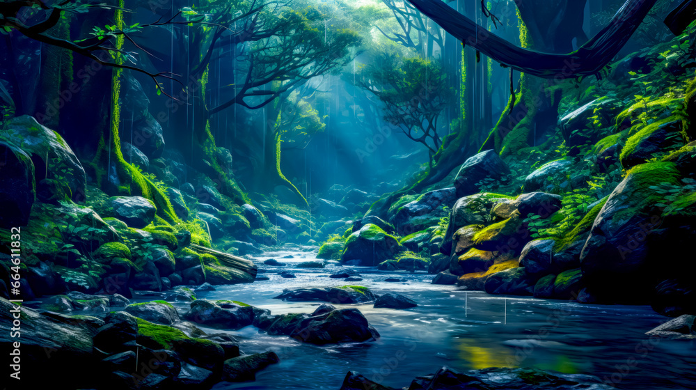 Poster painting of stream running through forest filled with rocks and trees.