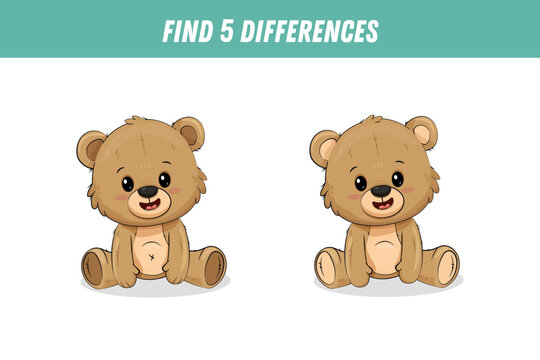 Find five differences between two pictures of cute brown bear. Cute teddy bear. Activity page. Vector