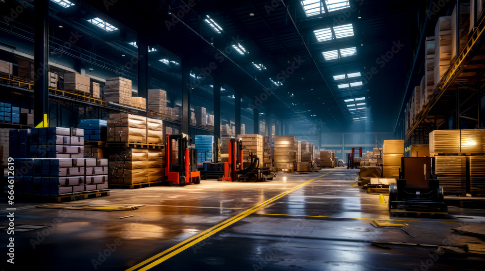 Poster warehouse filled with lots of pallets and pallets stacked on top of each other.