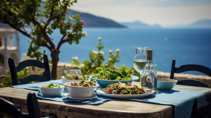 Inviting Greek Taverna: Mezze Platters Moussaka Fresh Greek Salad - obrazy, fototapety, plakaty