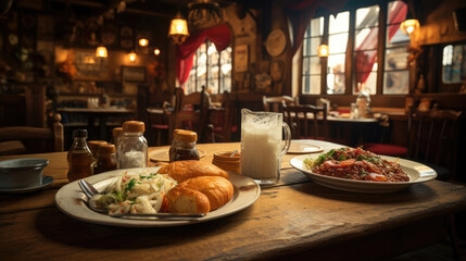 Mugs of frothy beer and schnitzel in a cozy Austrian gasthaus