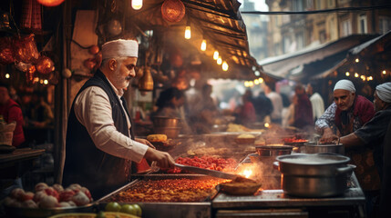 Vibrant Turkish bazaar with kebabs and baklava