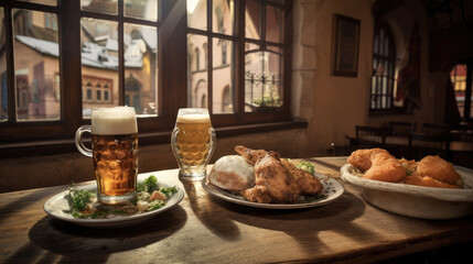 Gasthaus with plates of schnitzel and potato salad