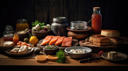 Array of herring dishes and gravlax in Swedish smorgasbord