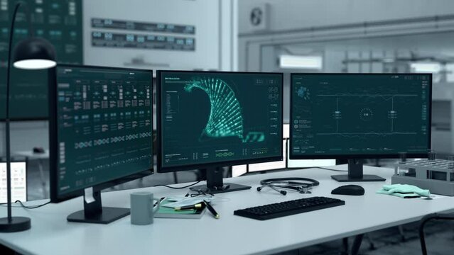 Modern system is conducting the biotechnology genetic analysis. Analyzing the genetic data for biotechnological science research. Analyzing the genetic material of the helix for biotechnology research