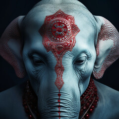 An elephant with red facial tattoos and eye makeup