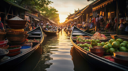Vibrant Thai Floating Market at Dawn with Steaming Boat Noodle Soup Fresh Coconut Ice Cream and Colorful Mango Sticky Rice - obrazy, fototapety, plakaty
