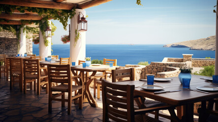 Charming Greek Seaside Taverna with Plates of Grilled Fish Moussaka and Greek Salad - obrazy, fototapety, plakaty
