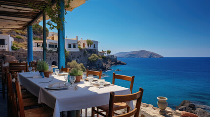 Charming Greek Seaside Taverna with Plates of Grilled Fish Moussaka and Greek Salad