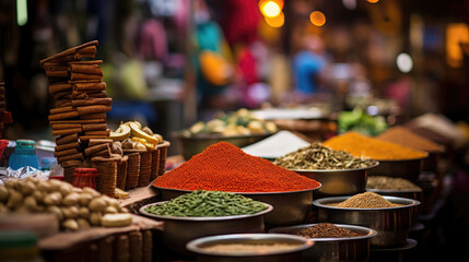 Fototapeta premium Bustling Indian Spice Market with Vibrant Displays of Colorful Spices Fragrant Teas and Fresh Naan Bread