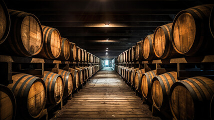 wine barrels in basement perspective, winery with wooden containers