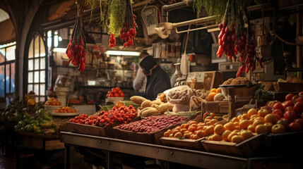 Vibrant Spanish Mercado Offering Fresh Produce Olives and Manchego Cheese
