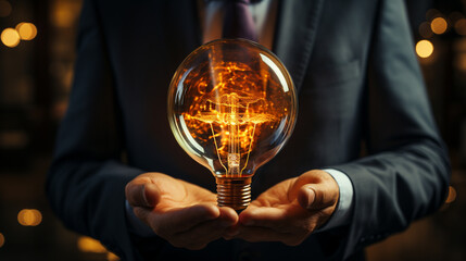 hand of businessman holding light bulb in dark office. innovation and inspiration concept