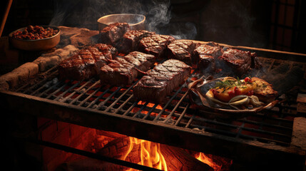 Rustic Argentinian Parrilla: Sizzling Steaks Blood Sausage - obrazy, fototapety, plakaty