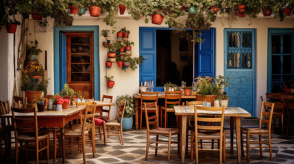 Greek Taverna in Mykonos with Moussaka and Souvlaki Plates