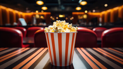 a striped red and white bucket of popcorn stands against the backdrop of a cinema hall, movie, food, day off, snack, fun, entertainment, pack, corn, fast food, film, cafe, lights, treat, bag, party