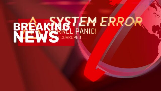 Hacked breaking news intro, system error program on red earth globe background