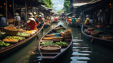 Fototapeta premium Colorful Thai Floating Market with Aromas of Lemongrass and Ginger