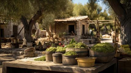 Fototapeta premium Inviting Greek Olive Oil Mill with Peppery Olive Oil and Briny Olives