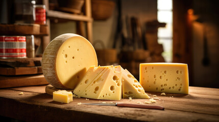 Charming Swiss Cheese Dairy with Wheels of Gruyère and Emmental - obrazy, fototapety, plakaty