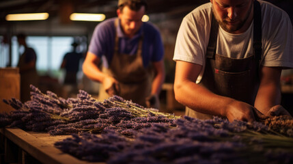 French lavender distillery: workers extract oil from freshly harvested lavender. Air scented with calming lavender. - obrazy, fototapety, plakaty
