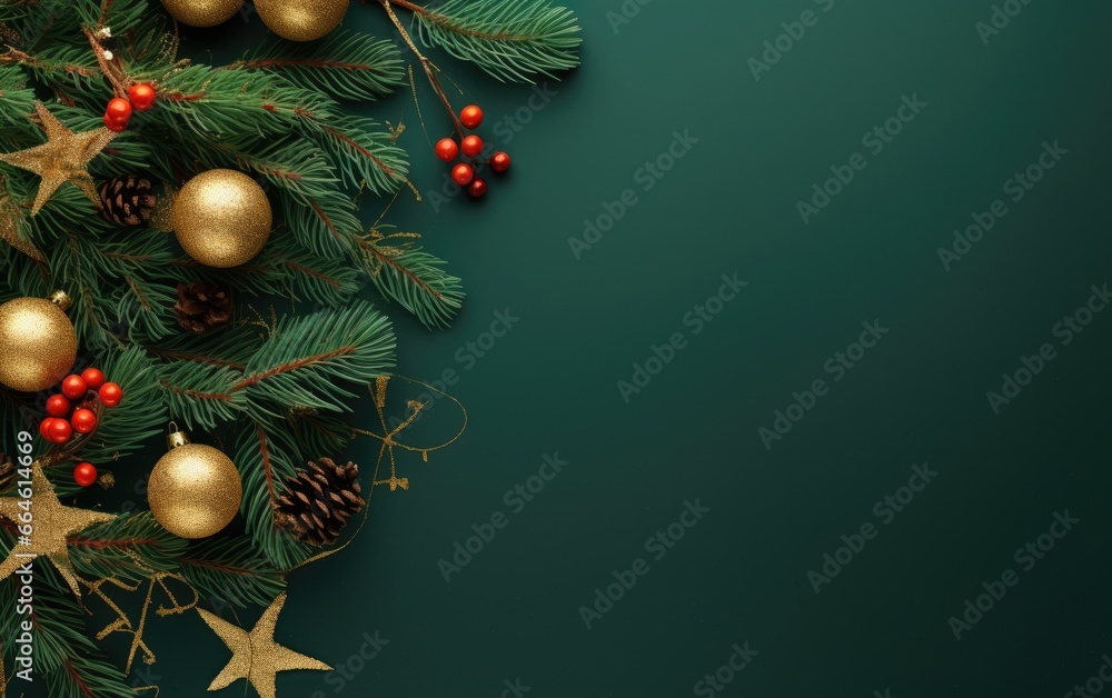 Wall mural christmas branches and decorations on warm green background, space for copy