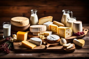 Dairy products on rustic wooden table
