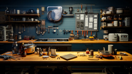 Kitchen with lot of pots and pans hanging on the wall.