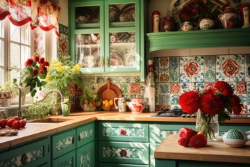 Maximalist style kitchen decorated in bright colors, with flowers and mediterranean design elements