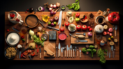Wooden table topped with lots of different types of vegetables and utensils.