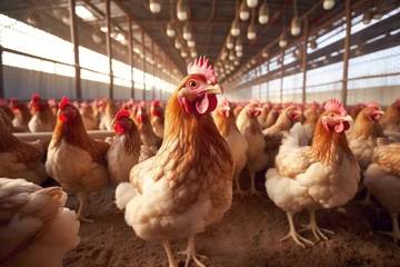 Fototapeten Noisy Chicken livestock farm. Rural bird chick. Generate Ai © juliars