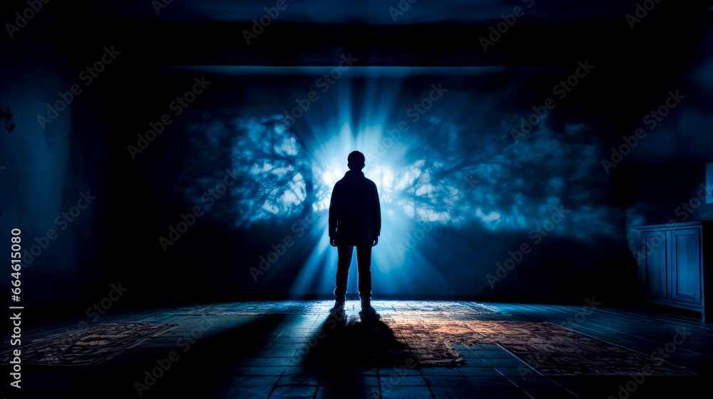Aufkleber man standing in the middle of room in front of projection.