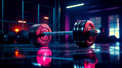 Obraz na płótnie Canvas Pair of dumbbells sit on shiny surface in gym.
