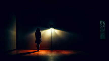 Woman standing in front of lamp in dark room at night.