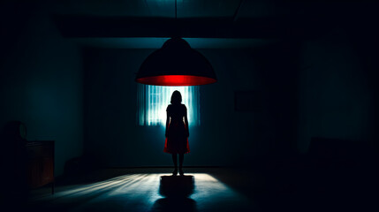 Person standing in dark room with lamp on the side of the room.