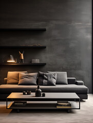 Modern living room  interior design with grey concrete walls 