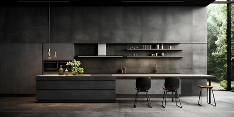 Modern interior design with grey concrete walls and white kitchen 