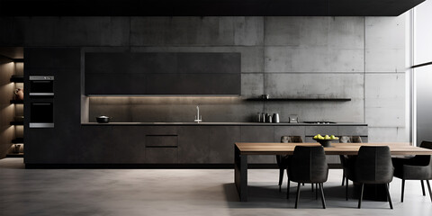 Modern interior design with grey concrete walls and white kitchen 