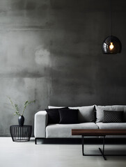 Minimalistic room interior design with grey concrete walls and grey sofa