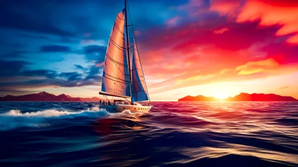 Gordijnen Sailboat in the middle of the ocean with sunset in the background. © Констянтин Батыльчук